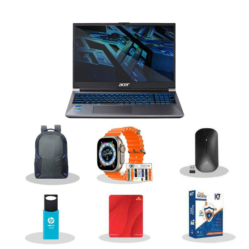 Picture of Acer ALG - 13th Gen Intel Core i5-13420H 15.6" (39.6 cm) AL15G-53 Gaming Laptop (16GB/ 512GB SSD/ Full HD Display/ Windows 11 Home/ NVIDIA GeForce RTX 3050 6GB DDR6/ Backlit Keyboard/ 144Hz/ Steel Gray/ 1.99kg) with Smart Watch (7-in-1 Strap) + Laptop Bag + Wireless Mouse + Mouse Pad + Pendrive + K7 Antivirus Single User